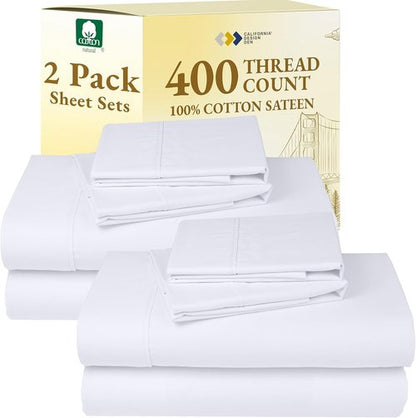 California Design Den 400 Thread Count Queen Bedsheet Set - 100% Cotton Sateen, Soft & Breathable - Bright White, Deep Pocket