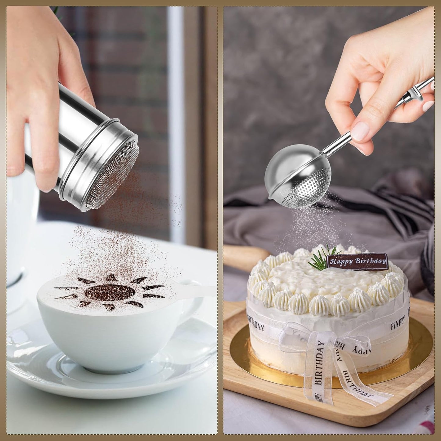 Skiennix Powdered Sugar Shaker Set - Stainless Steel Duster with 16 Coffee Stencils for Baking & Coffee