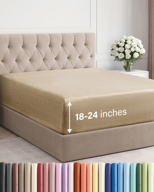 Extra Deep Cal King Fitted Sheet - Hotel Luxury Single Fitted Sheet Only - Easily Fits 18 inch to 24 inch Mattress - Ultra Soft, Wrinkle Free w/Extra Deep Pockets - Breathable & Comfy - Heathered Tan