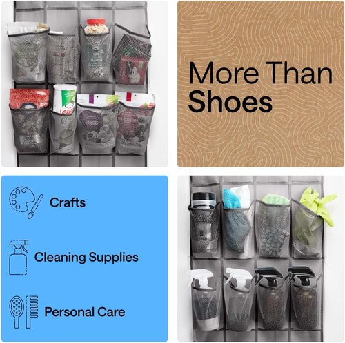 GORILLA GRIP Over The Door Shoe Organizer - 24 Large Breathable Mesh Pockets | Space-Saving Storage in Grey