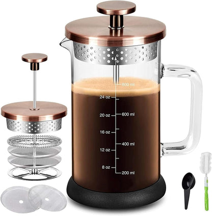 Skiennix French Press Coffee Maker - 34 Ounce Stainless Steel & Borosilicate Glass | 4 Filter System