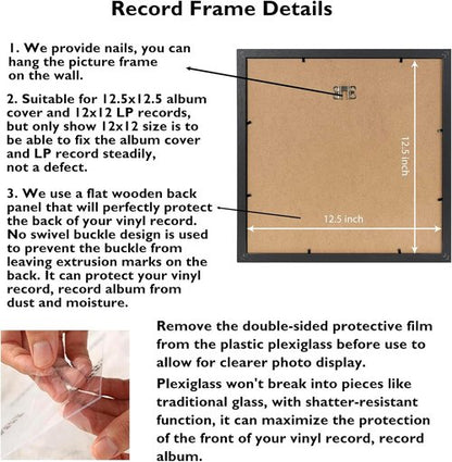 JCJMY Vinyl Record Frame - Sturdy 12.5x12.5 Album Cover Display | Black, 4 Pack for Wall Mounting