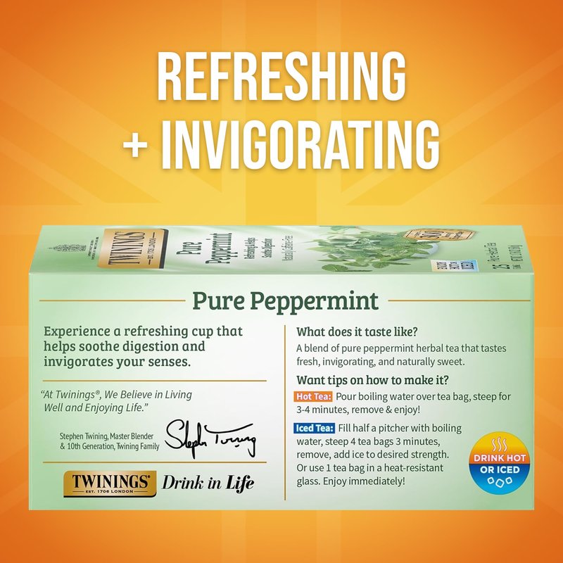 Twinings Pure Peppermint Herbal Tea Individually Wrapped Bags, 25 Count (Pack of 6), Fresh Minty Flavour, Naturally Caffeine-Free, Enjoy Hot or Iced, 150 Teabags