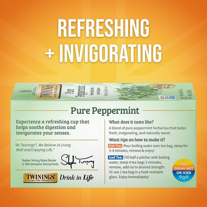 Twinings Pure Peppermint Herbal Tea Individually Wrapped Bags, 25 Count (Pack of 6), Fresh Minty Flavour, Naturally Caffeine-Free, Enjoy Hot or Iced, 150 Teabags