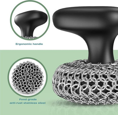Cast Iron Scrubber - 316 Chainmail Dish Scrub Brush for Pans | Dishwasher Safe Cleaning Kit, Black