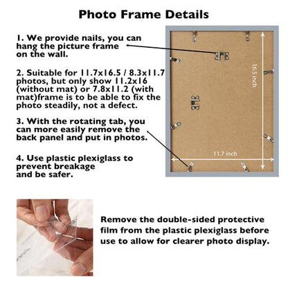 JCJMY 11.7x16.5 A3 Picture Frame Rustic Brown with 8.3x11.7 A4 Mat, Display Photo 8.3x11.7 with Mat or 11.7 x 16.5 Without Mat, Wall Hanging Large Frame with Plexiglass, Rustic Brown