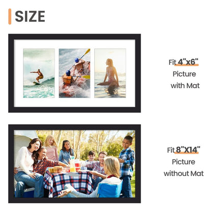 upsimples 8x14 Collage Picture Frame, Display Pictures 3 4x6 with Mat or 8x14 Without Mat, Wall Hanging 3 4x6 Picture Frame Collage Wall Decor, Black, 1 Pack