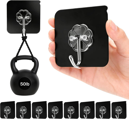 DDMY Heavy Duty Adhesive Hooks - 50lb Max Capacity, Waterproof & Reusable Black Wall Hooks | 8 Pack for Bathroom & Kitchen