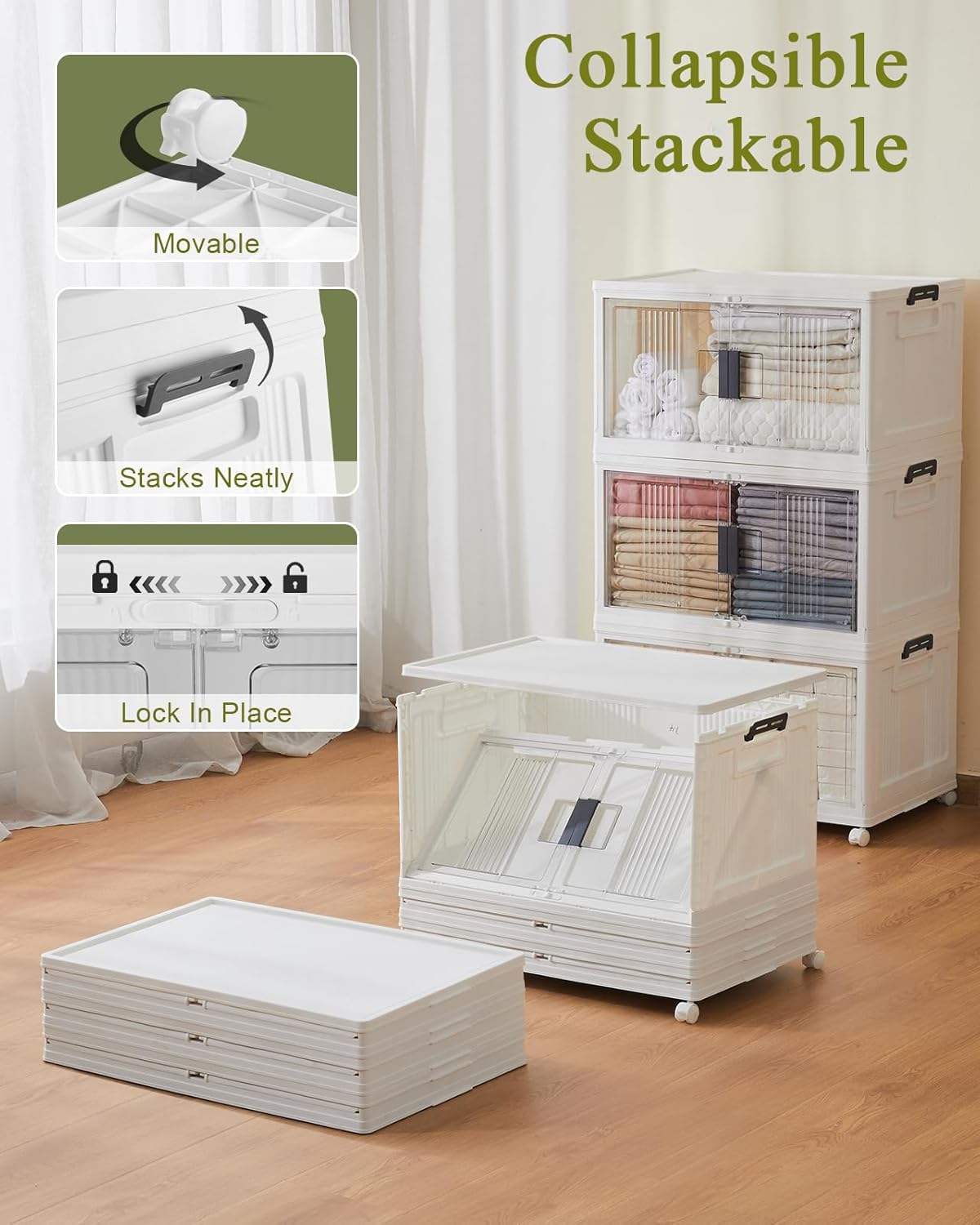 OlarHike 76QT Lockable Storage Bins - Collapsible Plastic Organizer with Lids & Wheels | 3-Pack Set