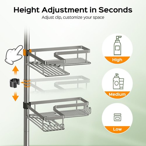 HAMITOR Shower Caddy Tension Pole - 4-Tier Rustproof Bathroom Organizer with Soap Holder | Adjustable 47-123 Inch for Small Spaces
