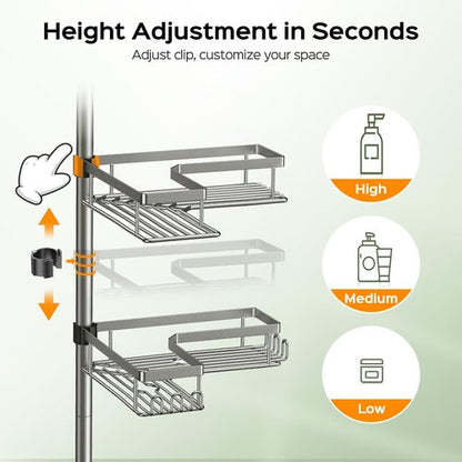 HAMITOR Shower Caddy Tension Pole - 4-Tier Rustproof Bathroom Organizer with Soap Holder | Adjustable 47-123 Inch for Small Spaces