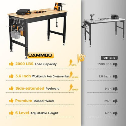 CAMMOO Adjustable Heavy Duty Workbench - 2000 LBS Capacity Rubber Wood Table with Pegboard & Power Outlets | Ideal for Garage, Workshop, Home