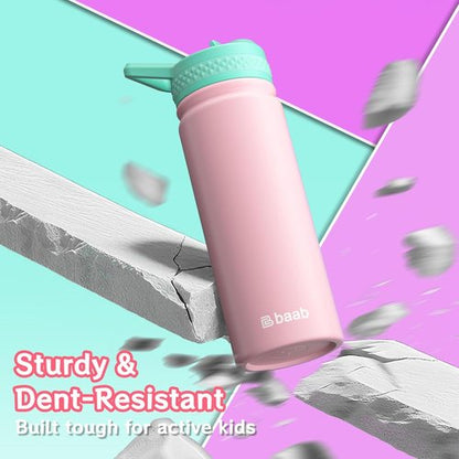 Baab Insulated Kids Water Bottle - 18oz Stainless Steel Straw Cup with Stickers | Pink & Purple, 2 Pack