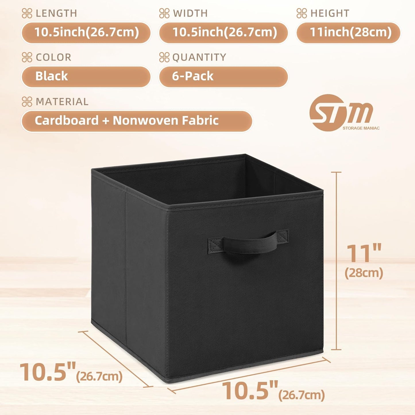 Storage Maniac Storage Cubes - 11-Inch Durable Fabric Bins | 6-Pack Foldable Organizers in Black