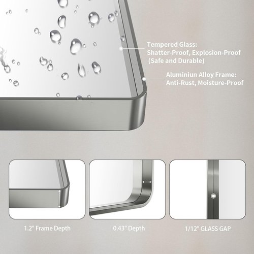 LOAAO Brushed Nickel Bathroom Mirror - 48x36 Inch Rounded Rectangle, Anti-Rust & Shatterproof Design