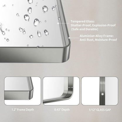 LOAAO Brushed Nickel Bathroom Mirror - 48x36 Inch Rounded Rectangle, Anti-Rust & Shatterproof Design