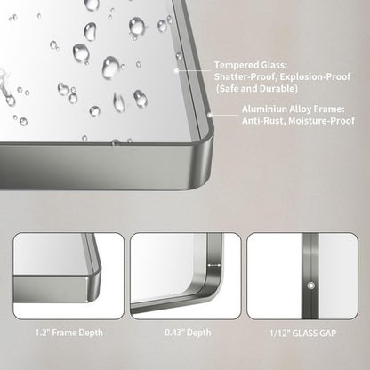 LOAAO 30X36 Inch Brushed Nickel Bathroom Mirror, Rounded Rectangle Silver Metal Frame Mirror, Brushed Nickel, Anti-Rust, Shatter Proof, Hangs Horizontally or Vertically