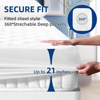 MEELUS Padded Mattress Protector - Breathable Waterproof Cover | Deep Pocket 8"-21" | Soft & Noiseless, White