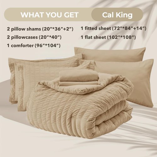HYMOKEGE Khaki California King Comforter Set Seersucker 7 Pieces, All Season Luxury Bed in a Bag for Bedroom, Bedding Set with Comforter, Sheets, Pillowcases & Shams