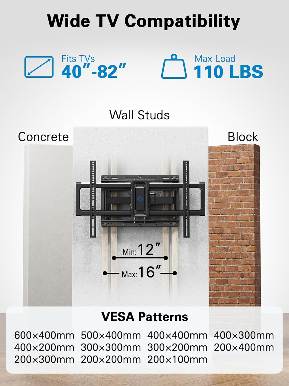 Pipishell Full Motion TV Wall Mount - Swivel Dual Arms for 40-82 Inch TVs | Max VESA 600x400mm, 110 lbs Capacity