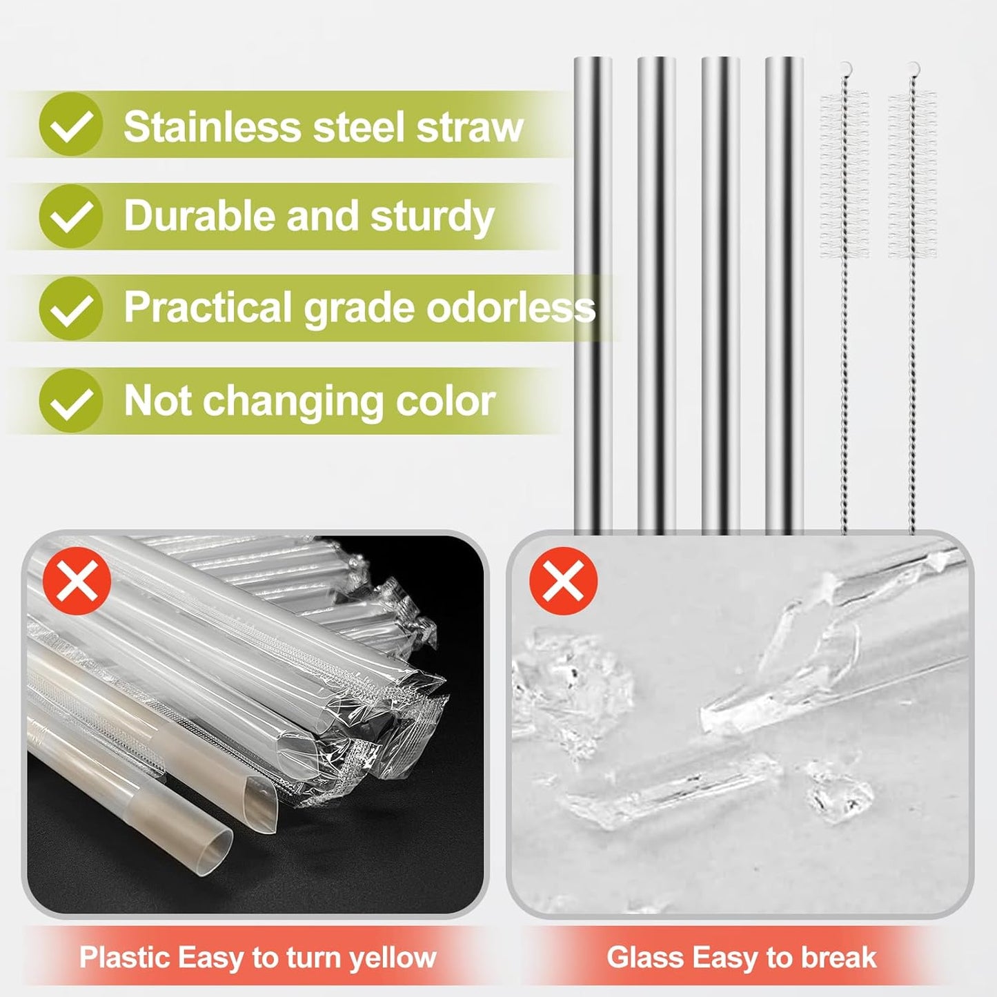 Owala Metal Straw Replacement Set - Reusable Stainless Steel Straws with 2 Cleaners | Fits 24 oz & 32 oz Bottles - 4pcs