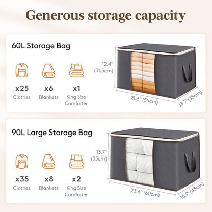 Lifewit 90L Clothes Storage Bins - 4 Pack Foldable Bags with Zippers & Clear Window for Easy Organization