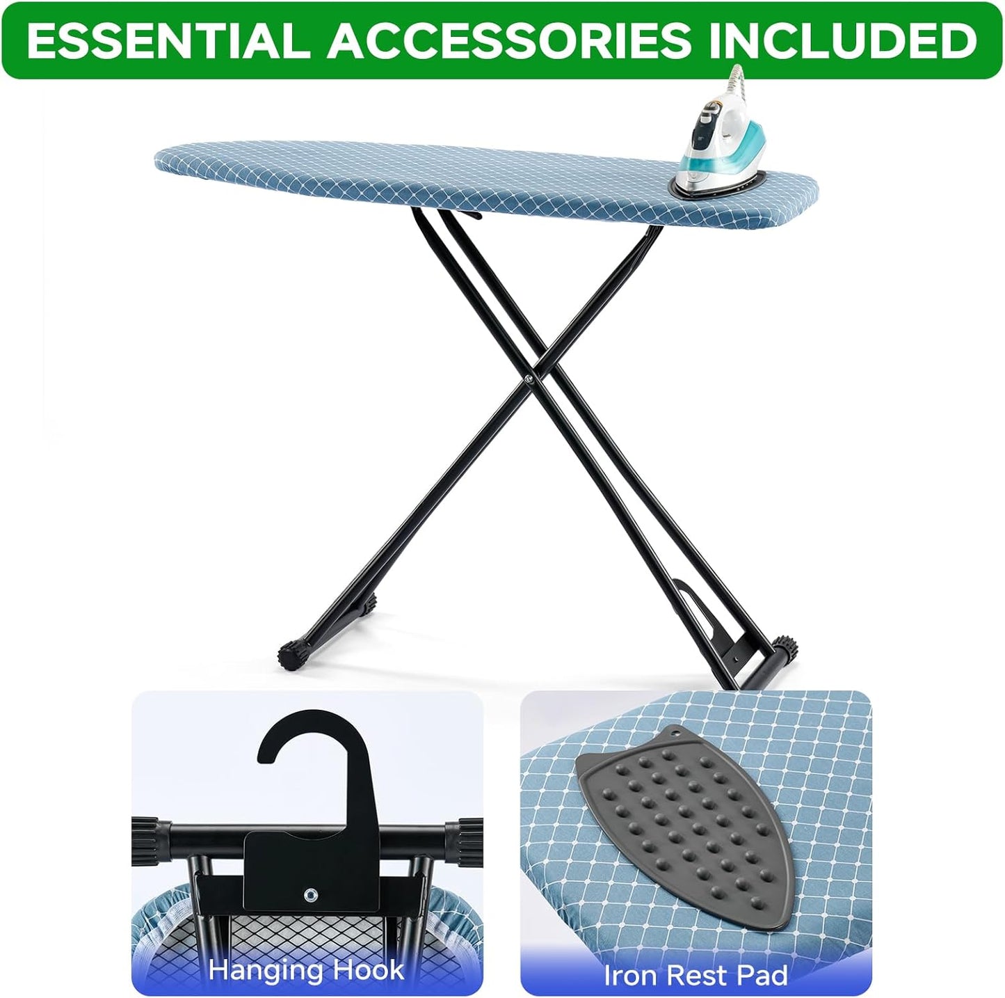 BKTD Compact Ironing Board - Adjustable Height, Heat Resistant Surface | Space-Saving 13 x 43 in Diagonal Checkered Blue