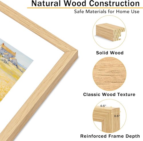 JCJMY Solid Wood Picture Frame - 8.5x11" for Certificates & Photos | Natural Finish with Plexiglass