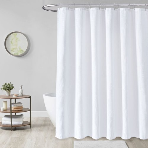 Dynamene Long White Fabric Shower Curtain - Waffle Textured Tall Heavy Duty Cloth Shower Curtains for Bathroom, 256GSM Large Hotel Spa Luxury Bath Curtain Set with 12 Plastic Hooks(72Wx78H, White)