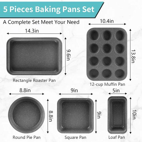 Grey Marble Nonstick Baking Pans Set by [Brand Name] - 5 Piece Stackable Carbon Steel Bakeware with 100 Cupcake Liners for Home Baking