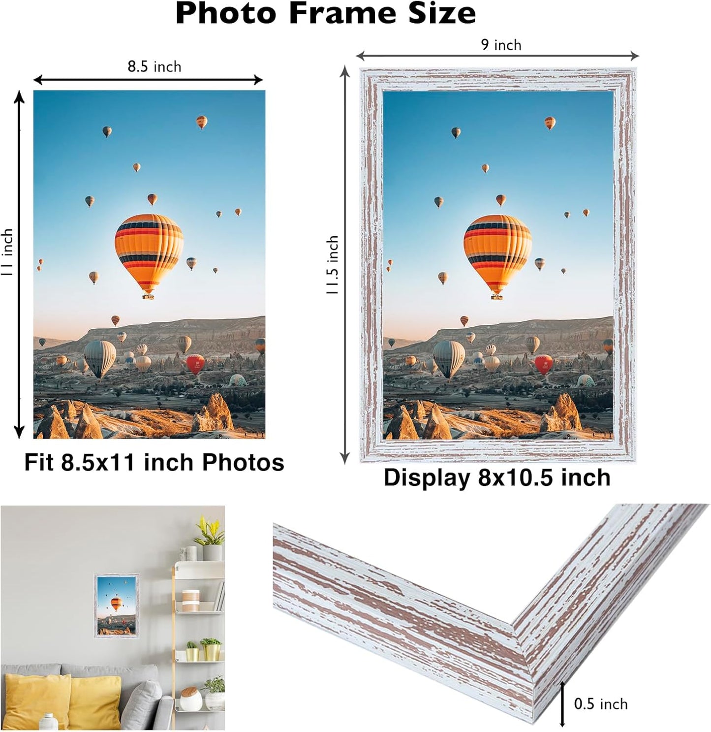 Rustic White Picture Frame by [Brand Name] - 8.5x11 Wall or Tabletop Display | Durable Shatter-Resistant Plexiglass