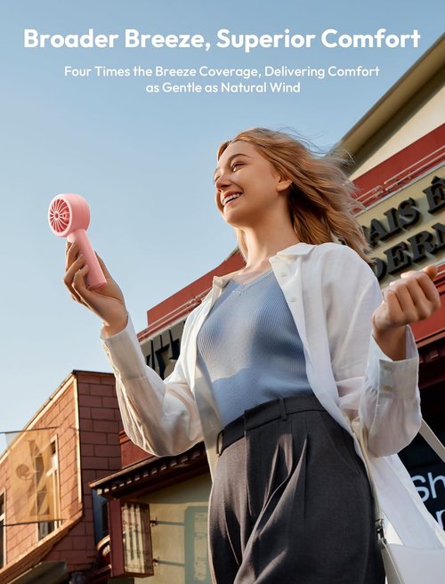 Aecooly Portable Handheld Turbo Fan - 16H Max Cooling Time, 5 Speeds, USB Rechargeable | Pink Mini Fan for Travel, Home & Office