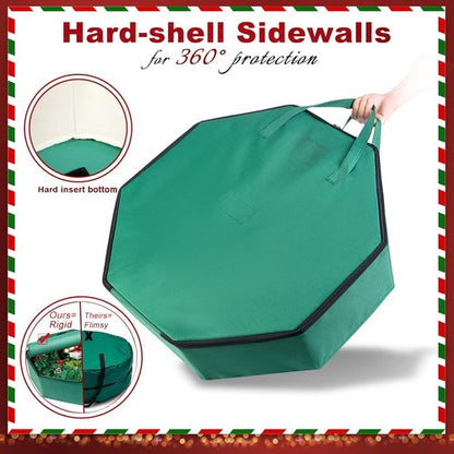 BrilliantJo Wreath Storage Bag - Hard Shell Christmas Decorations Case with Pockets | 24-Inch Green 600D Oxford Fabric