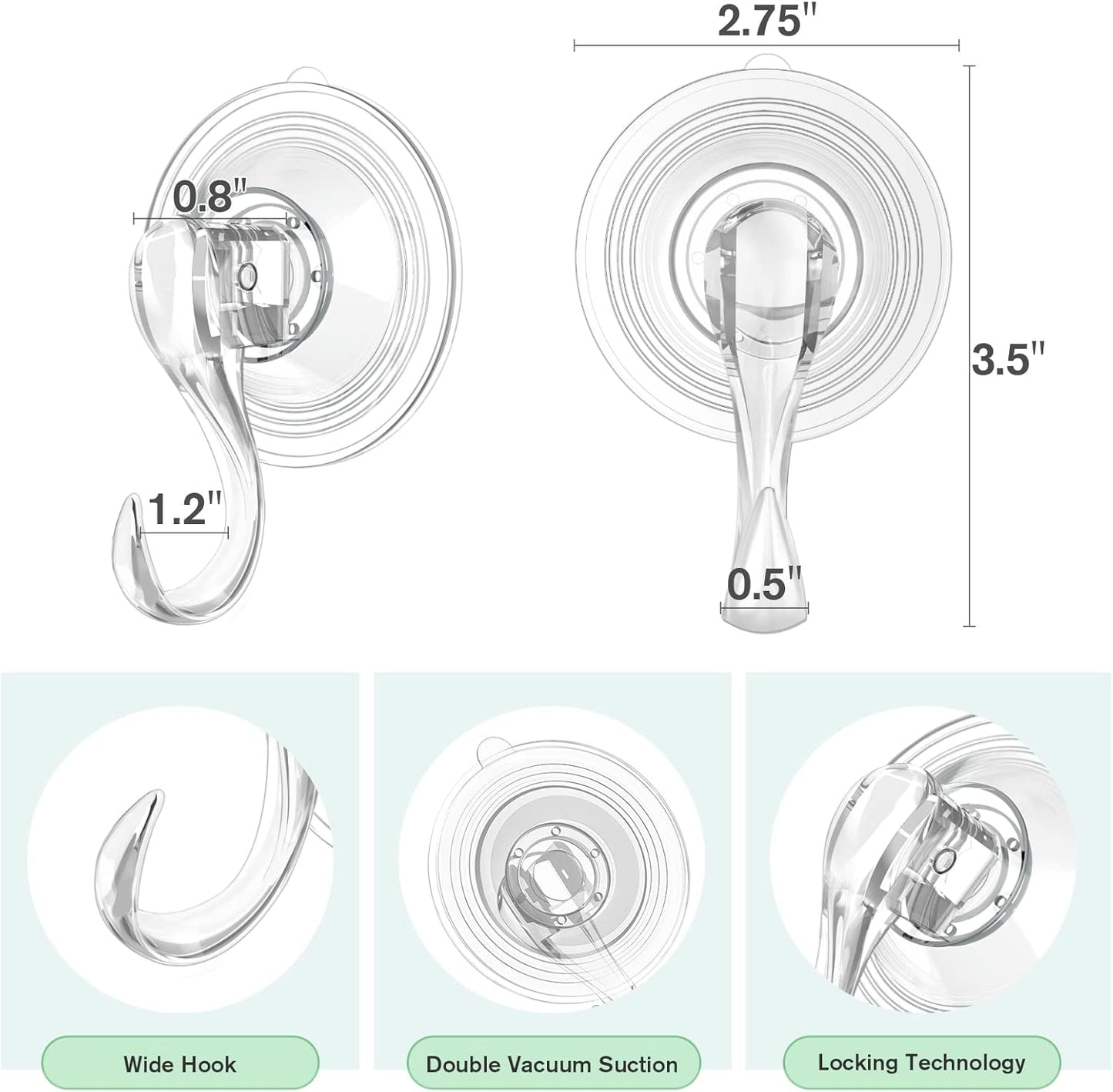 VIS'V Large Suction Cup Hooks - 2 Pcs Durable Hold with 10 Pcs Metal Hooks for Versatile Use