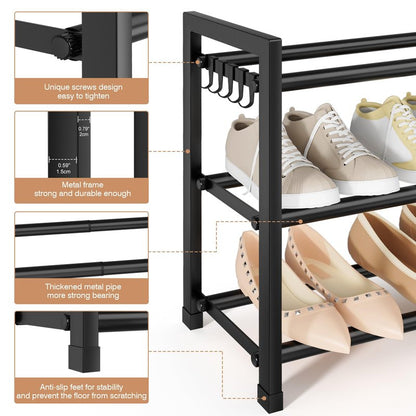 VGOBLO Expandable Shoe Rack - 18.5''- 47'' Adjustable Shoe Rack for Closet, 3 Tier Long Shoe Shelf Storage for 18 Pairs Shoe and Boot, Sturdy Metal Shoe Organizer for Entryway, Garage, Black