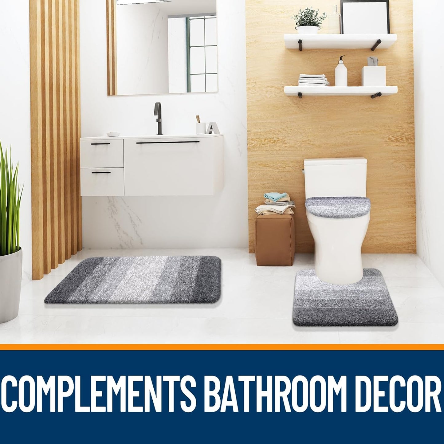 OLANLY Bathroom Rug Set - Soft Microfiber Absorbent Mats with U-Shaped Contour & Toilet Lid Cover | Quick Dry, Machine Washable, Grey