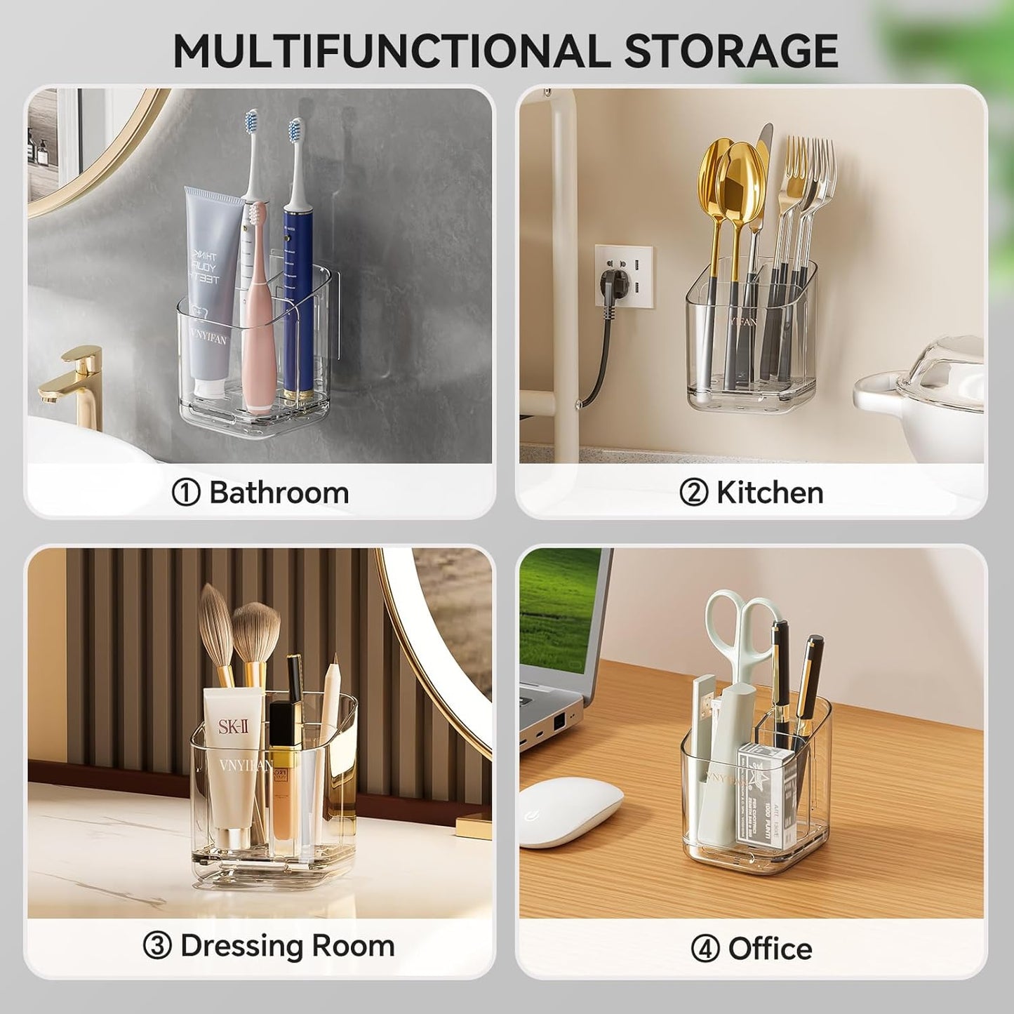 Skiennix Toothbrush Holder - 3 Slot Wall-Mounted Organizer with Removable Divider for Bathroom & Kitchen