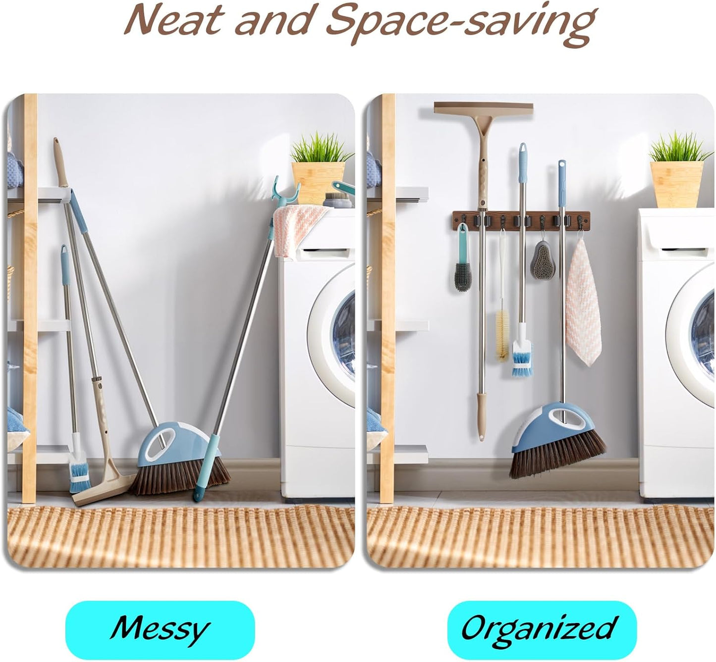 OUTNILI Mop Broom Holder Wall Mount - 2 Pack Wood Organizer with 4 Slots & Hooks for Rustic Kitchen, Garage, Laundry Room