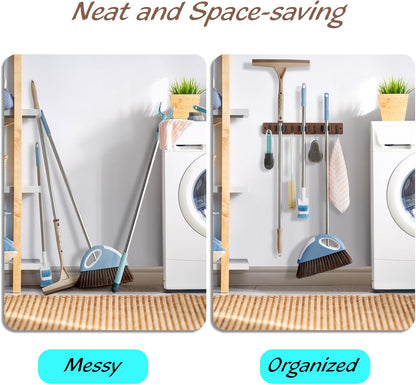 OUTNILI Mop Broom Holder Wall Mount - 2 Pack Wood Organizer with 4 Slots & Hooks for Rustic Kitchen, Garage, Laundry Room