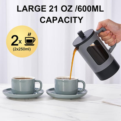 YOLIFE French Press Coffee Maker - 21 oz Portable Tea & Coffee Press with Heat-Resistant Glass | Grey & Black