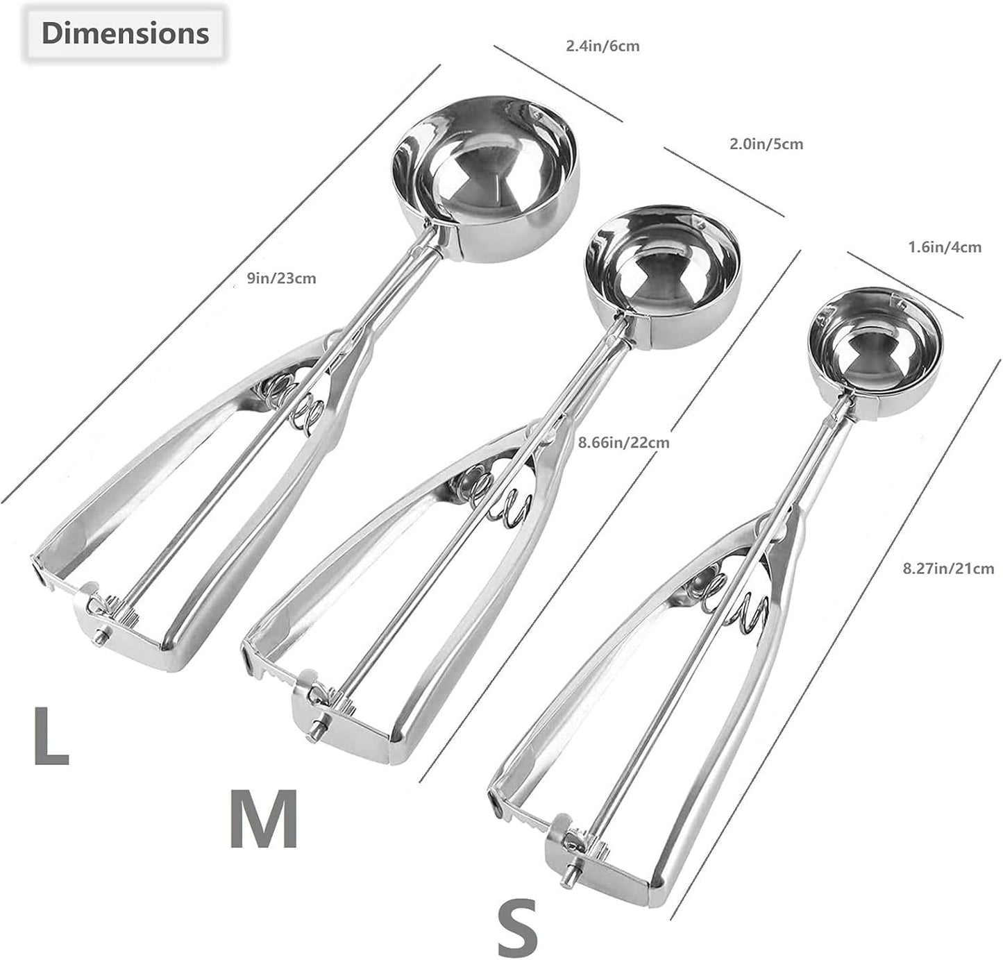 Skiennix Ice Cream Scoop Set - 3Pcs Stainless Steel Cookie Scoops with Trigger Release | Large, Medium, Small