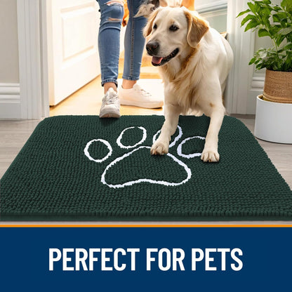 OLANLY Dog Door Mat - Absorbent Non-Slip Muddy Paws Doormat | 59x35, Quick Dry Chenille, Blackish Green