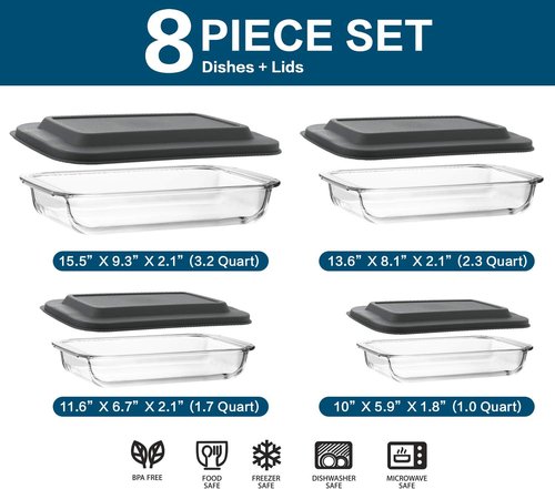 MCIRCO Glass Baking Dish Set - 8 Pcs with Lids | 30 Pcs Glass Food Storage Containers - Oven & Microwave Safe