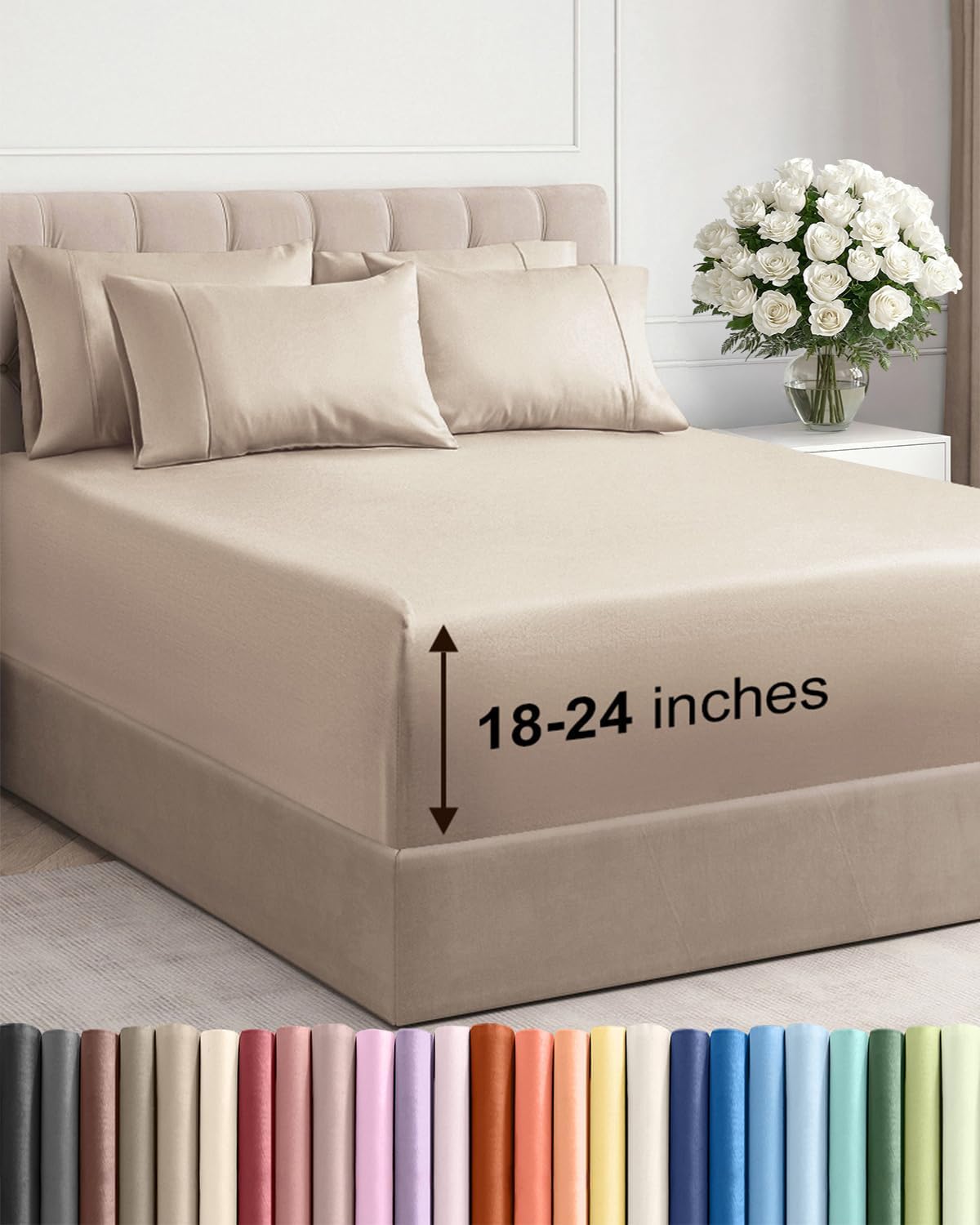 Skiennix Extra Deep Cal King Sheet Set - 6 Piece Breathable Cooling Bedding - Soft, Wrinkle-Free Wheat Color