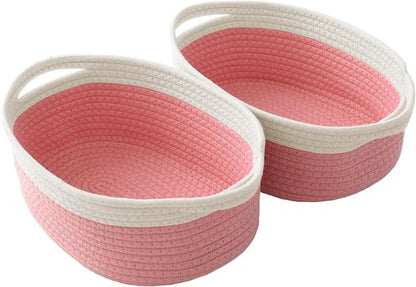 JMvicyroam Woven Basket - Small Rope Storage Bin with Handles | Versatile Organizer for Shelves & Closets - White & Pink (2 Pack)