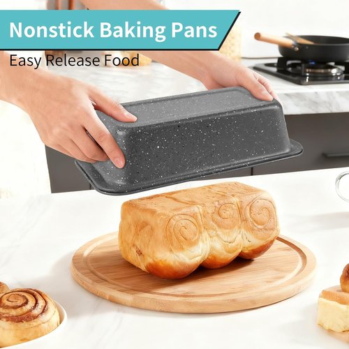 Grey Marble Nonstick Baking Pans Set by [Brand Name] - 5 Piece Stackable Carbon Steel Bakeware with 100 Cupcake Liners for Home Baking