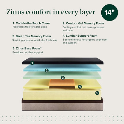 Zinus Lumbar+ Premium Memory Foam Mattress - 14 Inch King, Targeted Lumbar Support & Cooling Gel