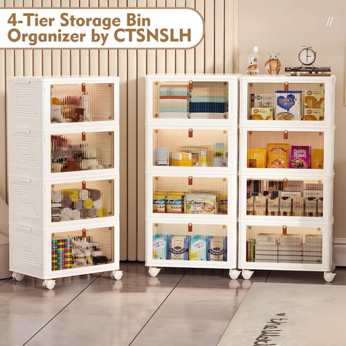 CTSNSLH 4-Tier Plastic Storage Bins - Stackable & Foldable Organizers with Lids for Home & Office