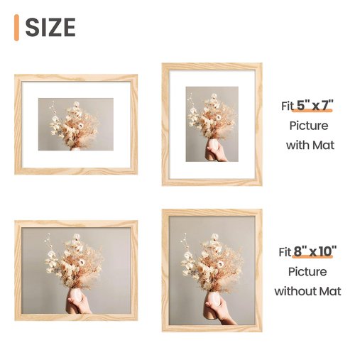 upsimples 8x10 Picture Frame, Display Pictures 5x7 with Mat or 8x10 Without Mat, Wall Hanging Photo Frame, Natural, 1 Pack