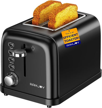Black Stainless Steel Toaster - 2 Slice Extra Wide Slot for Bagels & Bread | 7 Shade Settings & Removable Crumb Tray